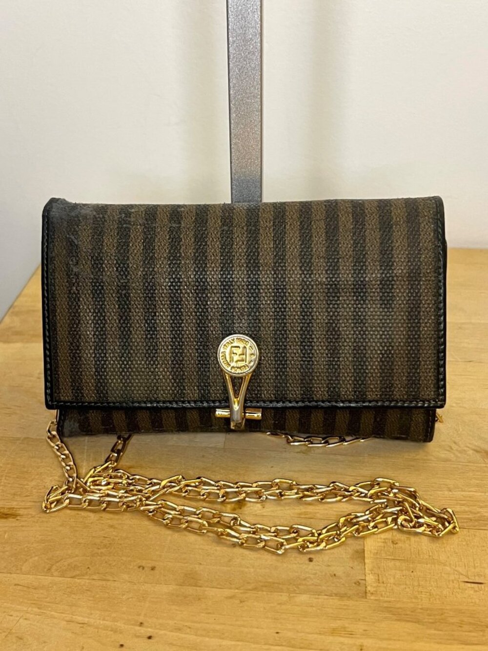 Fendi Vintage Zucca Striped Canvas Wallet On Chain With Gold-Tone Hardware